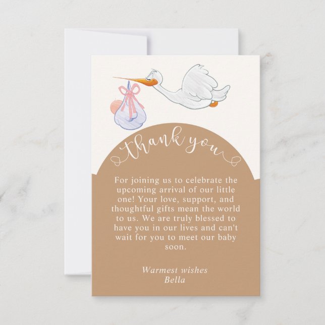 Neutral Baby Shower Stork Danke Karte (Vorderseite)