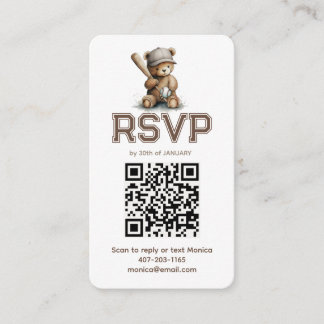 Neutral Baseball Teddy Bear Baby Shower QR RSVP Begleitkarte