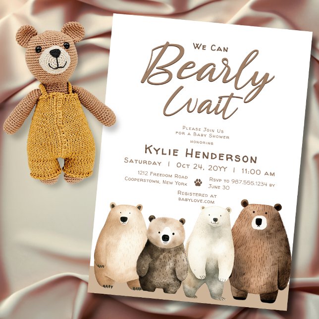 Neutral Bear Bear Baby Shower Einladung (Neutral Bearly Wait Teddy Baby Baby Shower Invitation)