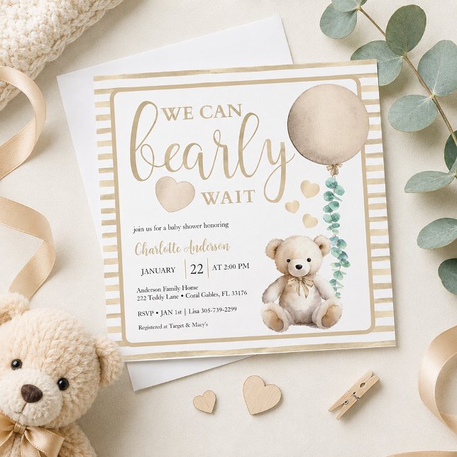 Neutral Bear Wait Teddy Bärendusche Einladung (Baby shower invitation with teddy bear)