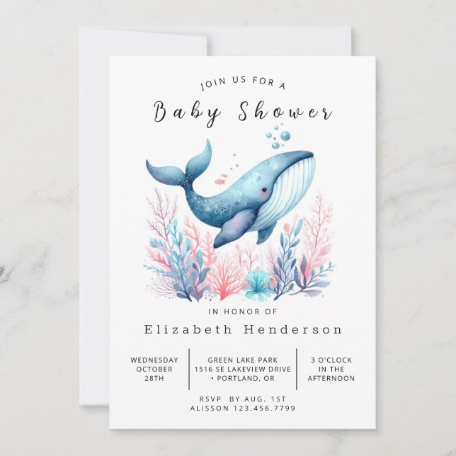 Neutral bearbeitbare Whale-Babydusche Einladung (Vorderseite)