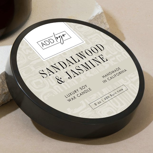 Neutral Beige Boho Logo Candle Jar Lid Runder Aufkleber (Earthy neutral design round product labels with your custom logo and abstract boho background)