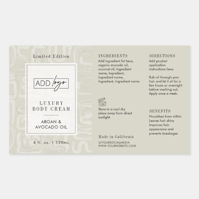 Neutral Beige Boho Pattern Logo 4OZ Cosmo Bottle Rechteckiger Aufkleber (Vorderseite)