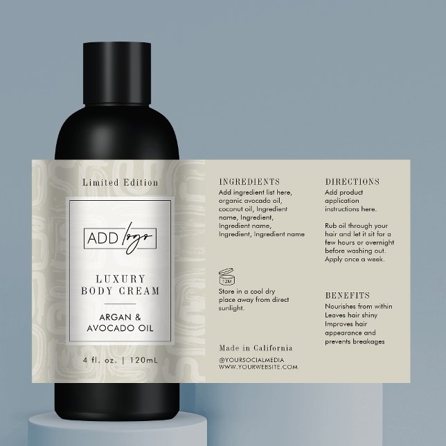 Neutral Beige Boho Pattern Logo 4OZ Cosmo Bottle Rechteckiger Aufkleber (Elegant abstract pattern light cream product label template)