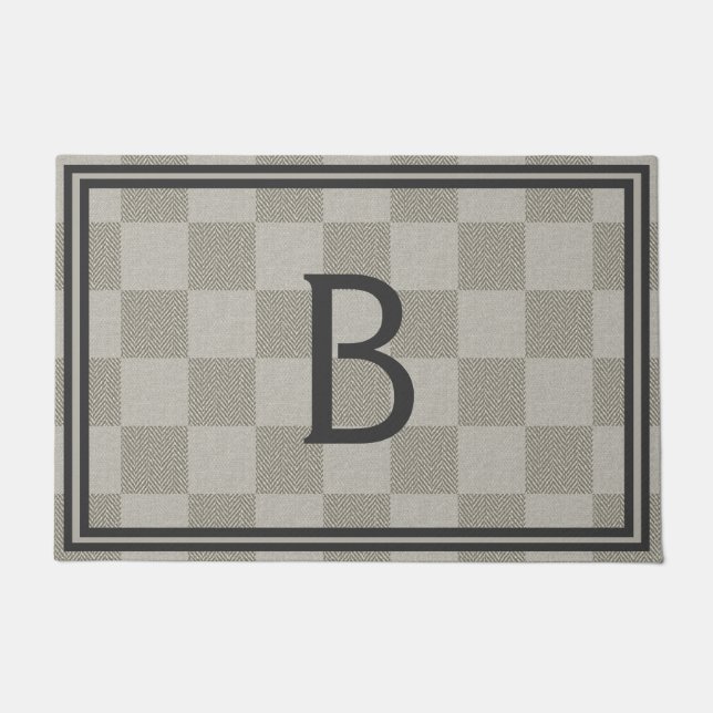 Neutral Beige Brown Gray Buffalo Kariertes Monogra Fußmatte (Vorderseite)
