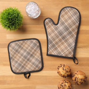 Neutral Beige Brown Tartan Kariert Gingham Pattern Ofenhandschuh & Topflappen-Set