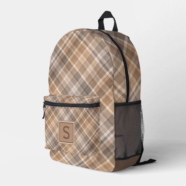 Neutral Beige Brown Taupe Kariert Gingham Muster Bedruckter Rucksack (Rückseitige Ecke Rechts)