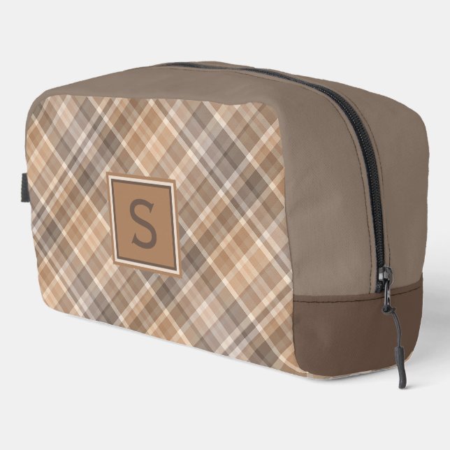 Neutral Beige Brown Taupe Kariert Gingham Muster Waschbeutel (Rechte Ecke)