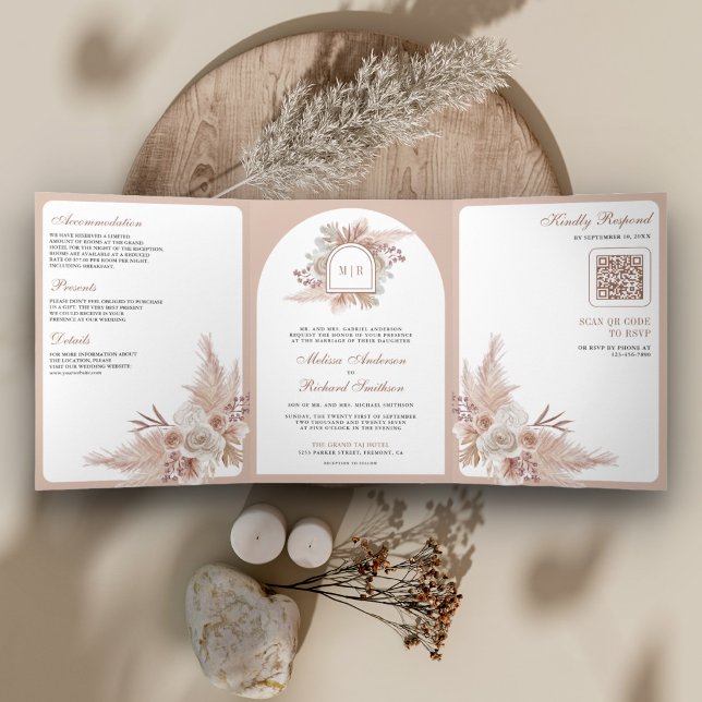Neutral Beige Floral Boho Pampas QR Code Hochzeit Dreifach Gefaltete Einladung (Von Creator hochgeladen)
