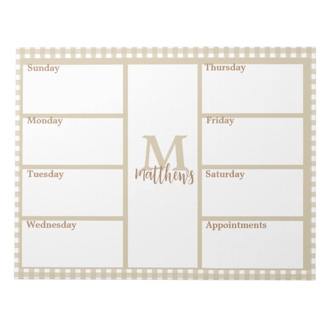 Neutral Beige Gingham Kariert Weekend Planner Note Notizblock (Vorderseite)