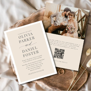 Neutral Beige QR Foto Minimalistische Hochzeit Einladung