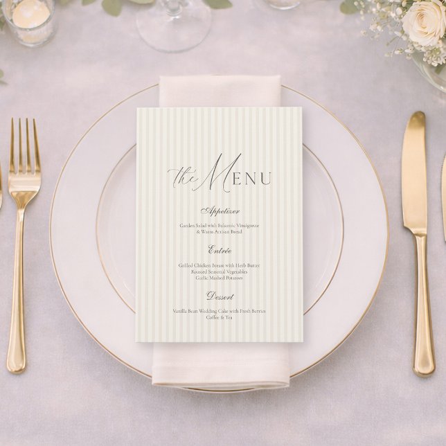 Neutral Beige Stripe Wedding Menu Einladung (Von Creator hochgeladen)