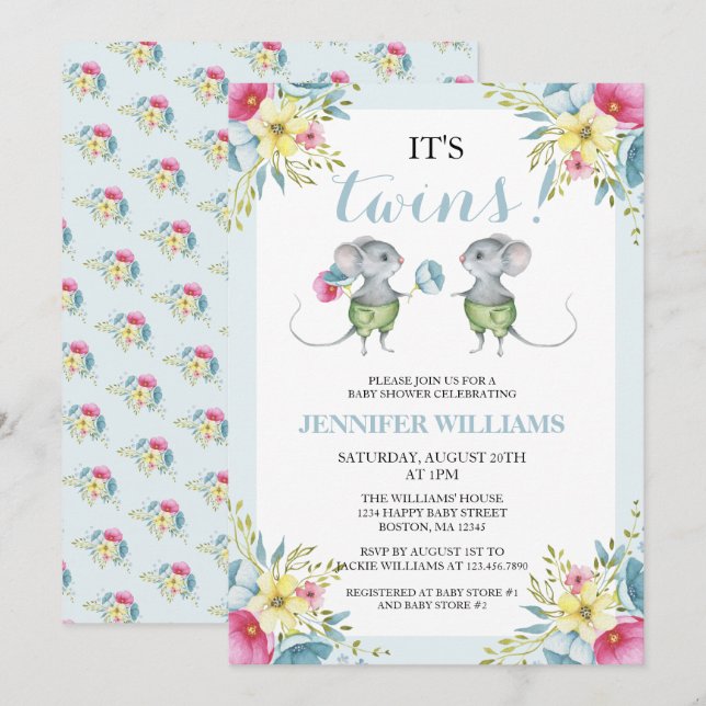 Neutral Blue Boy & Boy Twins Baby Shower Einladung (Vorne/Hinten)