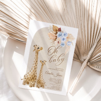 Neutral Blue Pampas Grass Giraffe Babydusche Einladung