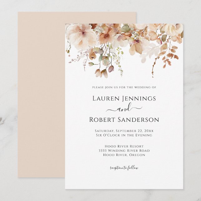Neutral Blush Pink Floral Wedding Einladung (Vorne/Hinten)