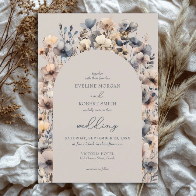Neutral Boho Aquarell-Wildblumen Seevoeldin Einladung (watercolor neutral colors wild flowers arched wedding invitation)