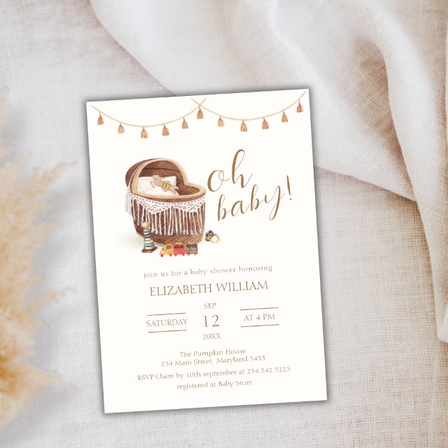 Neutral Boho Bassinet Toy Baby Shower Einladung (Gender Neutral Boho Bassinet Toy Baby Shower Invitation)