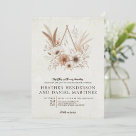 Neutral Boho Floral mit QR Code & Details Hochzeit Einladung