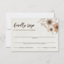 Neutral Boho Floral Wedding RSVP Karte