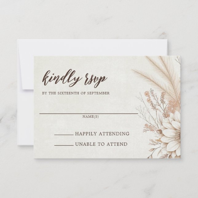 Neutral Boho Floral Wedding RSVP Karte (Vorderseite)