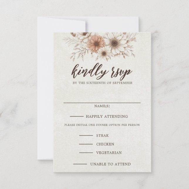 Neutral Boho Floral Wedding RSVP Karte (Vorderseite)
