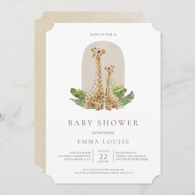 Neutral Boho Giraffe Kinderdusche Einladung (Vorne/Hinten)