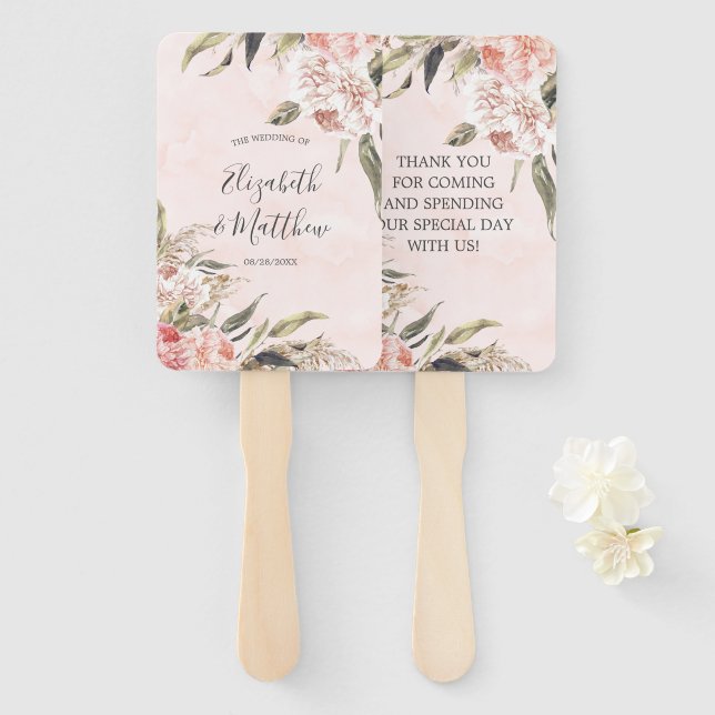 Neutral Boho Pink Peony Pampas Wedding Vielen Dank Fächer (Vorne und Hinten)