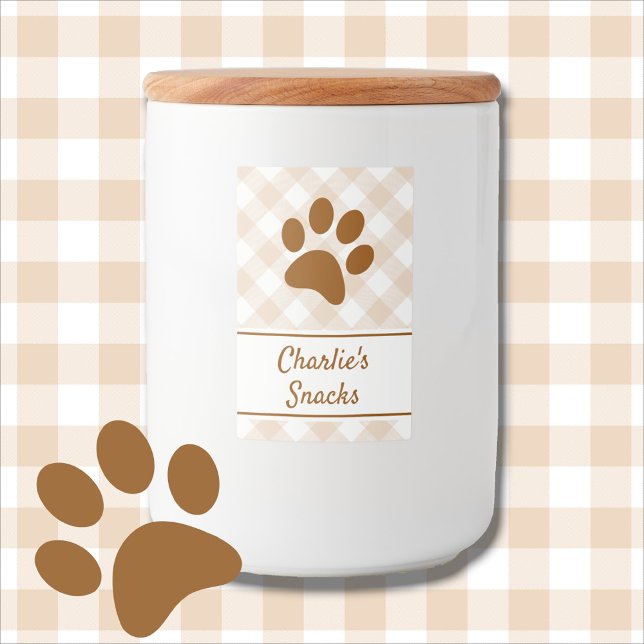 Neutral Brown Beige White Gingham Pattern Paw Name Lebensmitteletikett (Von Creator hochgeladen)