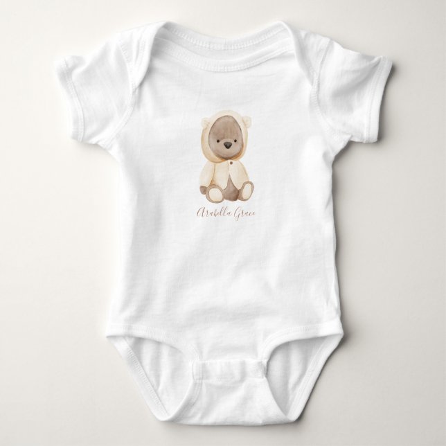 Neutral Brown Teddy Bear Personalisiert Name Baby Baby Strampler (Vorderseite)