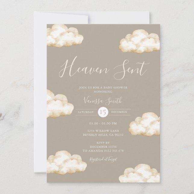 Neutral Cream Cloud Heaven Sent Baby Shower Party Einladung (Vorderseite)