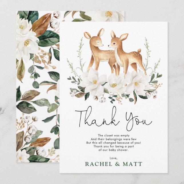 Neutral Deer Twins Ivory Floral Greenery Baby Fawn Dankeskarte (Vorne/Hinten)
