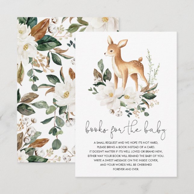 Neutral Deer White Floral Greenerary Books for Bab Begleitkarte (Vorne/Hinten)