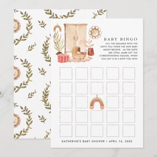 Neutral des Geschlechts | Boho Baby Shower Bingo Einladung (Vorne/Hinten)