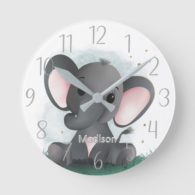 Neutral des niedlichen Elefanten Personalisiert Ge Runde Wanduhr (Vorderseite)