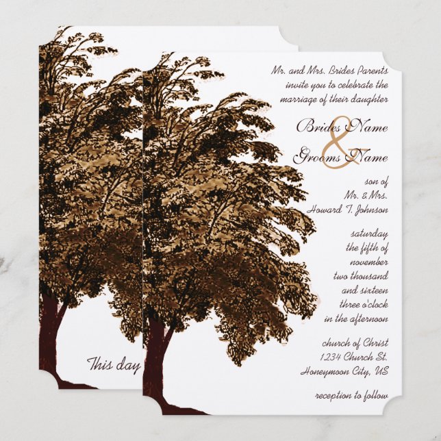 Neutral Earthy Hues Boho Forest Oak Tree Wedding Einladung (Vorne/Hinten)