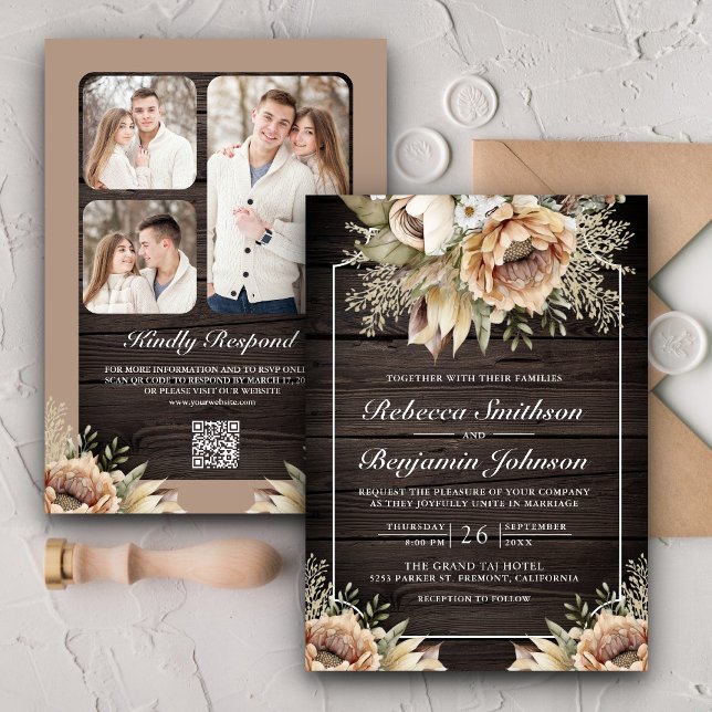 Neutral Earthy Taupe Floral Wood QR Code Hochzeit Einladung (Von Creator hochgeladen)