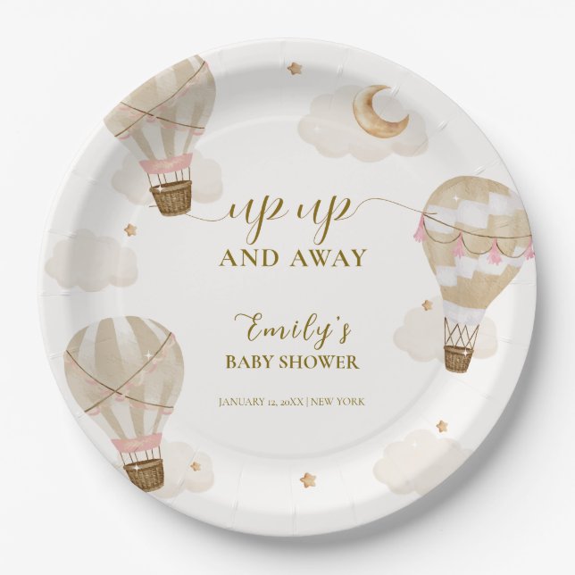 Neutral Elegant Boho Hot Air Ballon Babydusche Pappteller (Vorderseite)