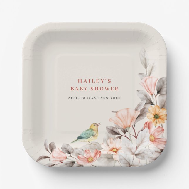 Neutral Elegant Boho Wildblume Baby Shower Pappteller (Vorderseite)