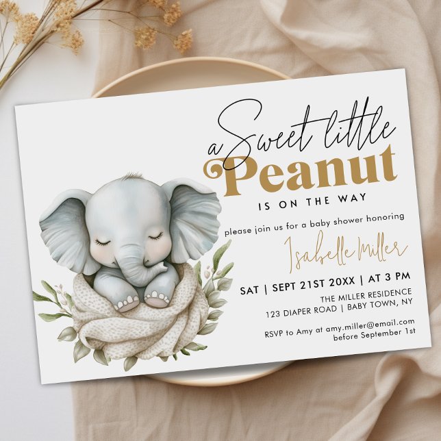 Neutral Elephant Soft Greenerity Gold Baby Dusche Einladung (Neutral Elephant Soft Greenery Gold Baby Shower Invitation)