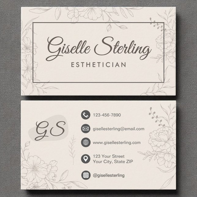 Neutral-Elfenbeinflora-Elegantskript Visitenkarte (Von Creator hochgeladen)