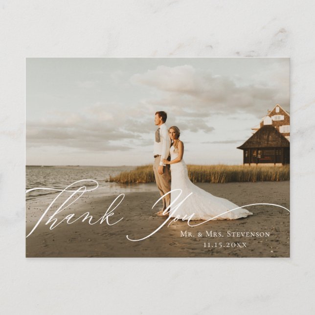 Neutral Floral Calligraphy Wedding Foto Vielen Dan Postkarte (Vorderseite)
