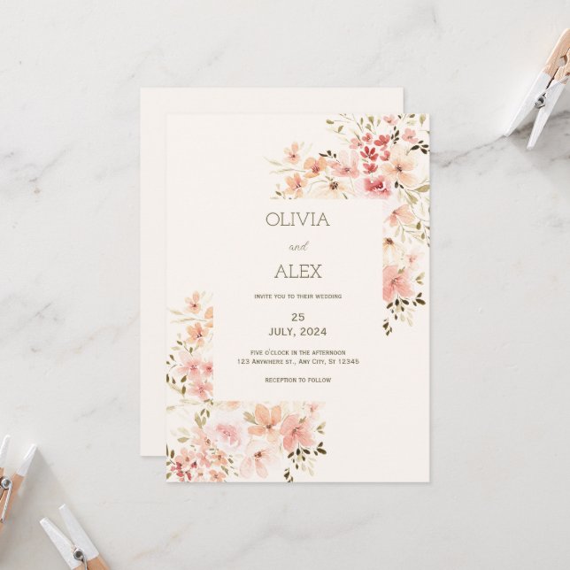 Neutral floral Elegant Hochzeitseinladung Einladung (Vorderseite/Rückseite Beispiel)