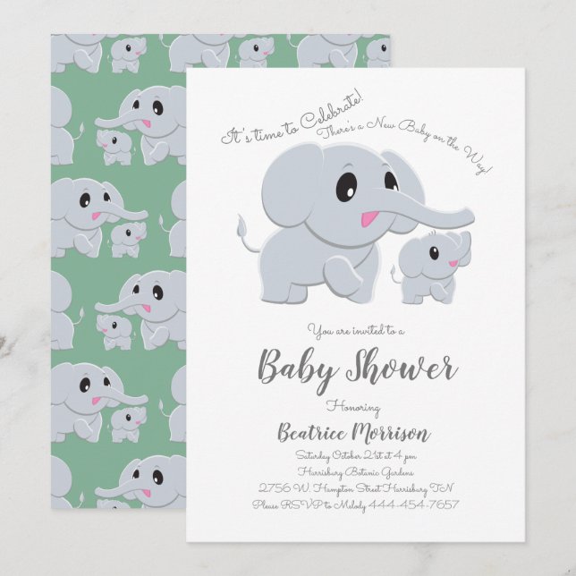 Neutral für niedliche Elefant Baby Duwer Green Gen Einladung (Vorne/Hinten)