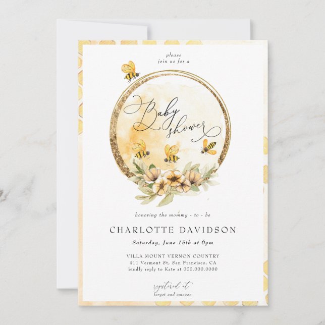 Neutral gelbe Hummelblüte Gold Baby Dusche Einladung (Vorderseite)