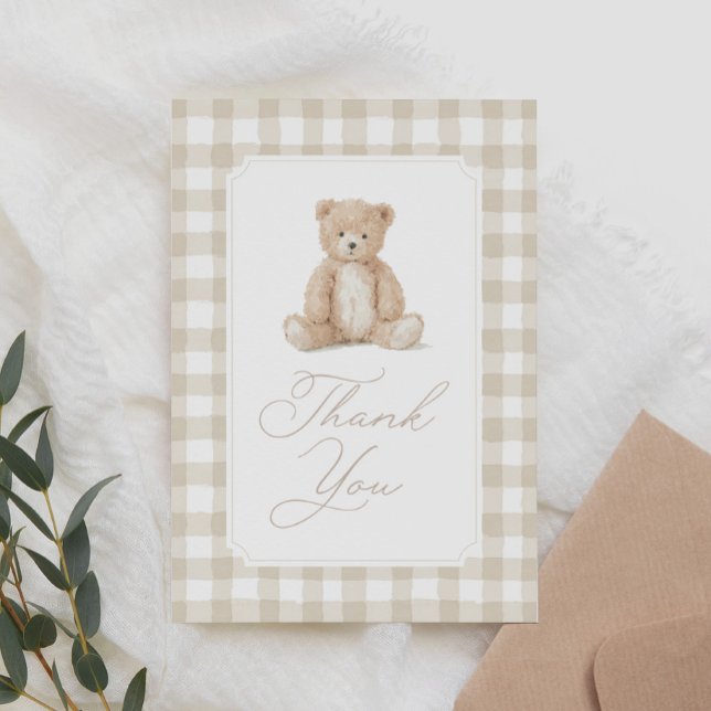 Neutral Gingham Teddy Bear Baby Shower Dankeskarte (Von Creator hochgeladen)