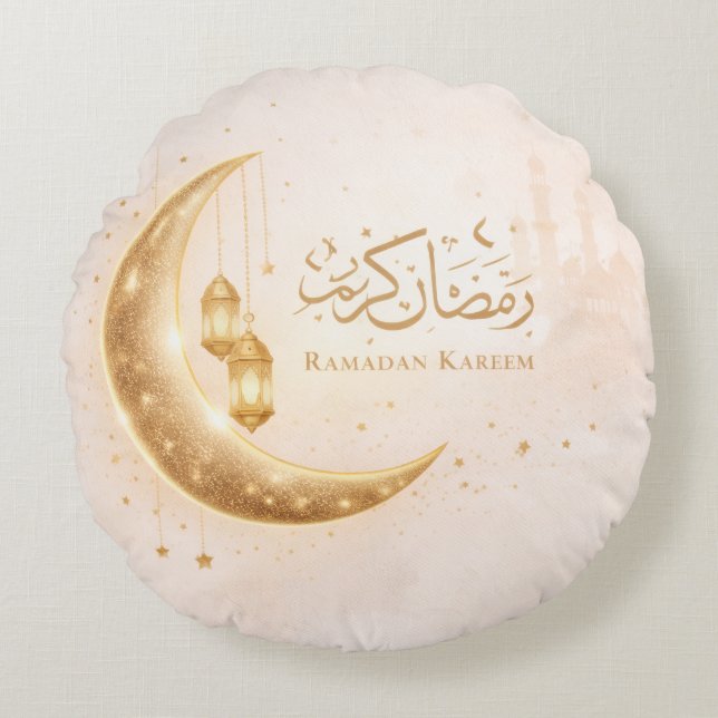 Neutral Gold Ramadan Kareem Throw Pillow – Islamic Rundes Kissen (Vorderseite)