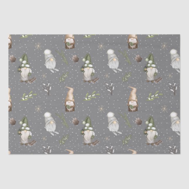 Neutral Gray Snowy Forest Weihnachtsgnomes Muster Seidenpapier (Vorderseite)