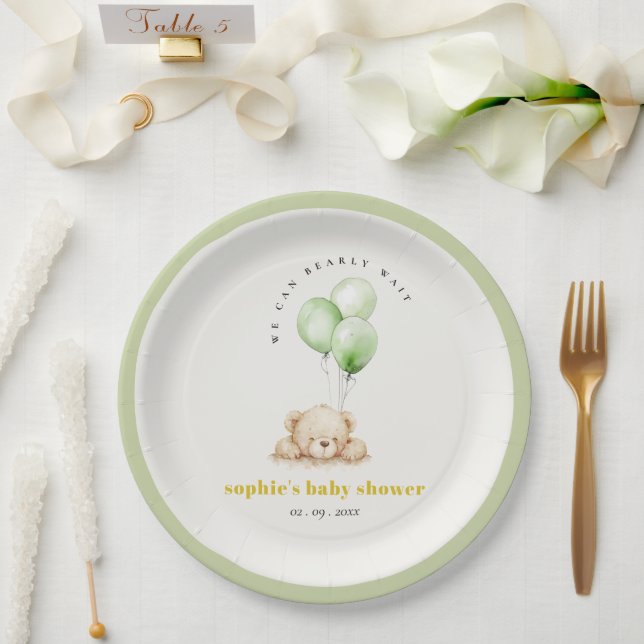 Neutral Green Bearly Wait Balloon Baby Shower Pappteller (Hochzeit)