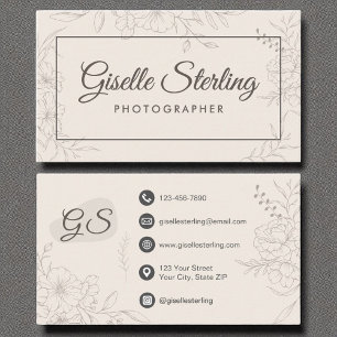 Neutral Ivory Floral Elegantes Skript für Fotograf Visitenkarte