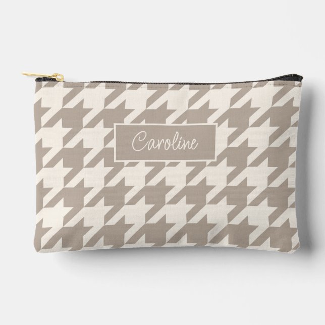 Neutral Ivory Taupe Beige Hahnentrittmuster Muster Zubehörtasche (Vorderseite)